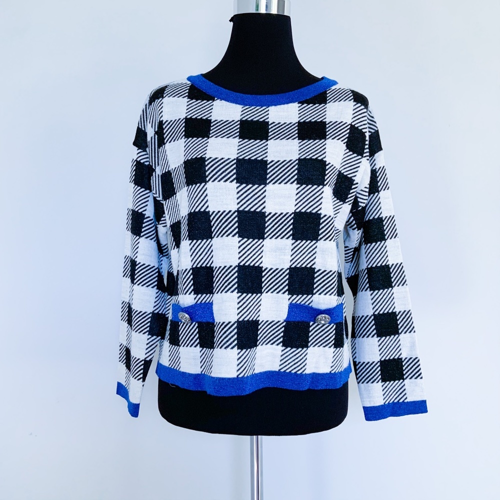 NEW KAOS Made in Italy Sweater Crop WideKnit Top M Gingham Black Offwhite Blue M